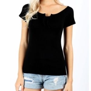 Black cotton ribbed top with front tie